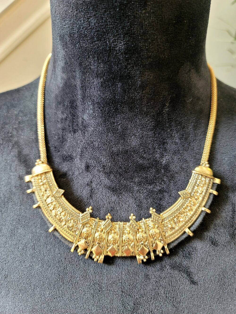 Gold Tone Textured Geometric Bib Statement Necklace Bold Fashion Jewelry
